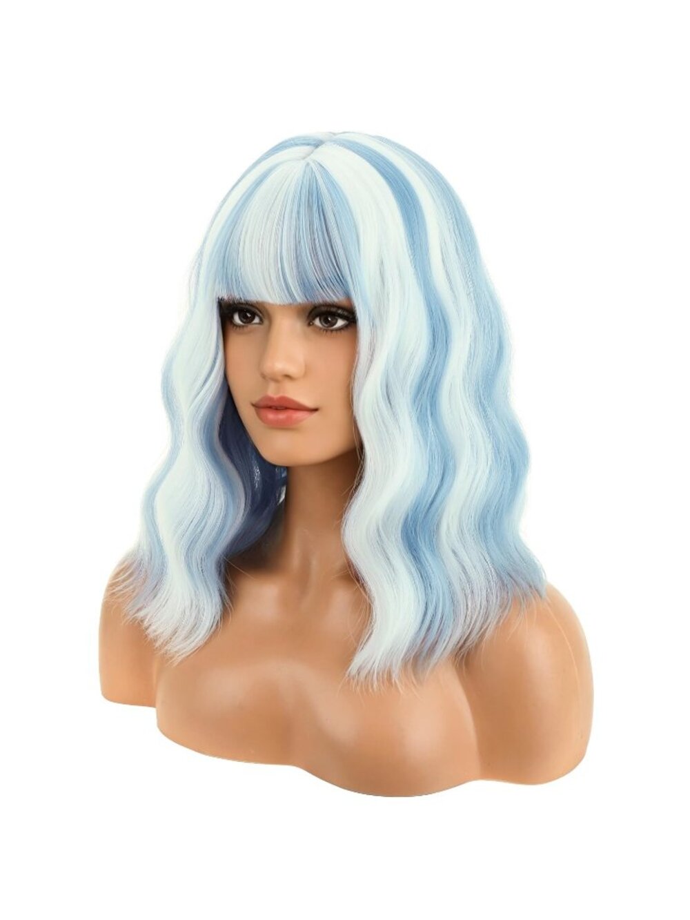 Women's Blue Mix White BERON 14 Inch  Curly Wig with Bangs Short Synthetic Wig